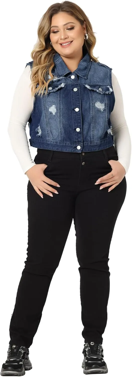 Agnes Orinda Plus Size Denim Vest for Women Sleeveless Button Jean Crop Denim Jacket Vest