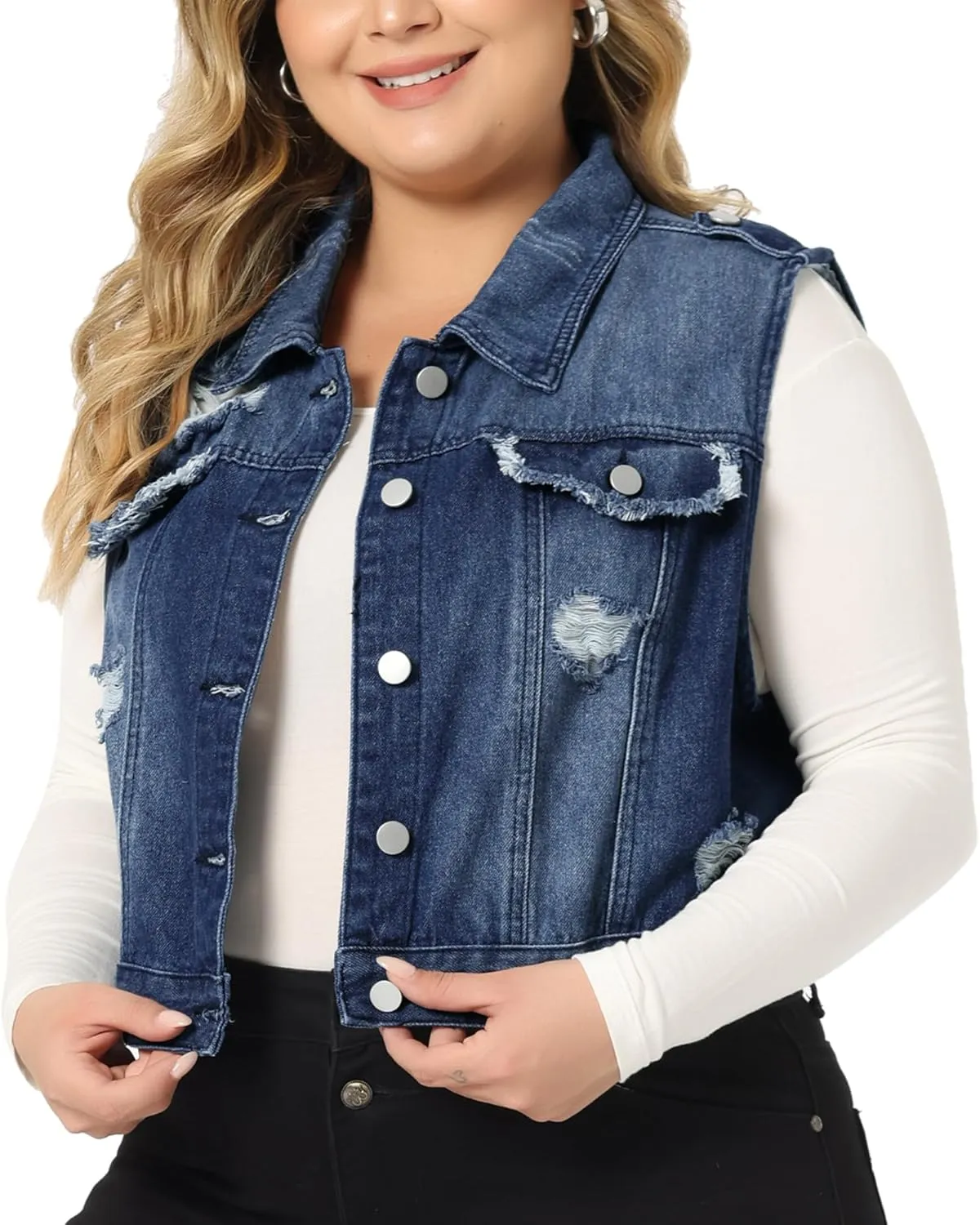 Agnes Orinda Plus Size Denim Vest for Women Sleeveless Button Jean Crop Denim Jacket Vest
