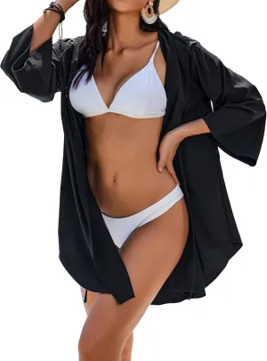 AI'MAGE Women Beach Cover Up Robe for Beach Open Front Party Flowy Bikini Cover Up in Summer,Large Black