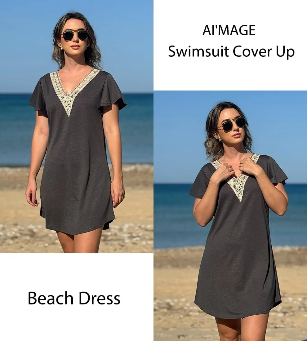 AI'MAGE Women's Swimsuit Coverups Bikini Beach Swimwear Cover Up V Neck Bathing Suit Cover Up Beach Dress