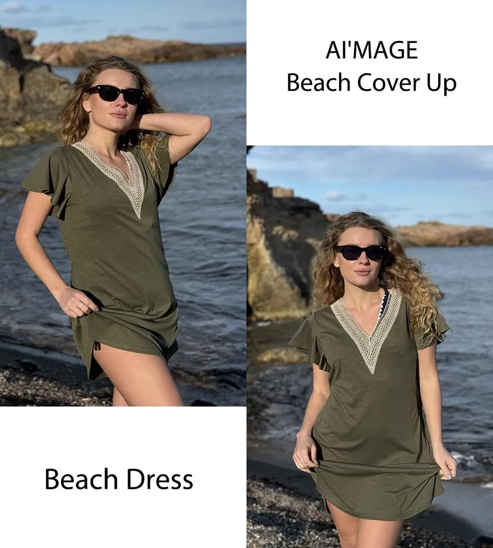 AI'MAGE Women's Swimsuit Coverups Bikini Beach Swimwear Cover Up V Neck Bathing Suit Cover Up Beach Dress