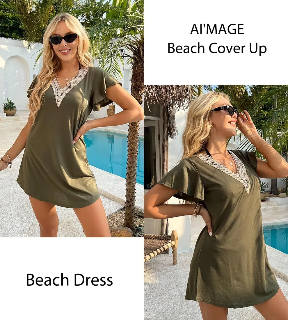 AI'MAGE Women's Swimsuit Coverups Bikini Beach Swimwear Cover Up V Neck Bathing Suit Cover Up Beach Dress