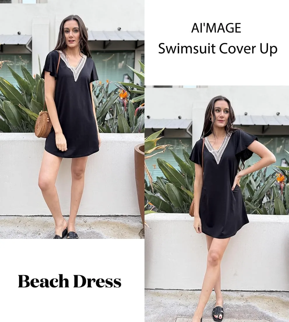 AI'MAGE Women's Swimsuit Coverups Bikini Beach Swimwear Cover Up V Neck Bathing Suit Cover Up Beach Dress