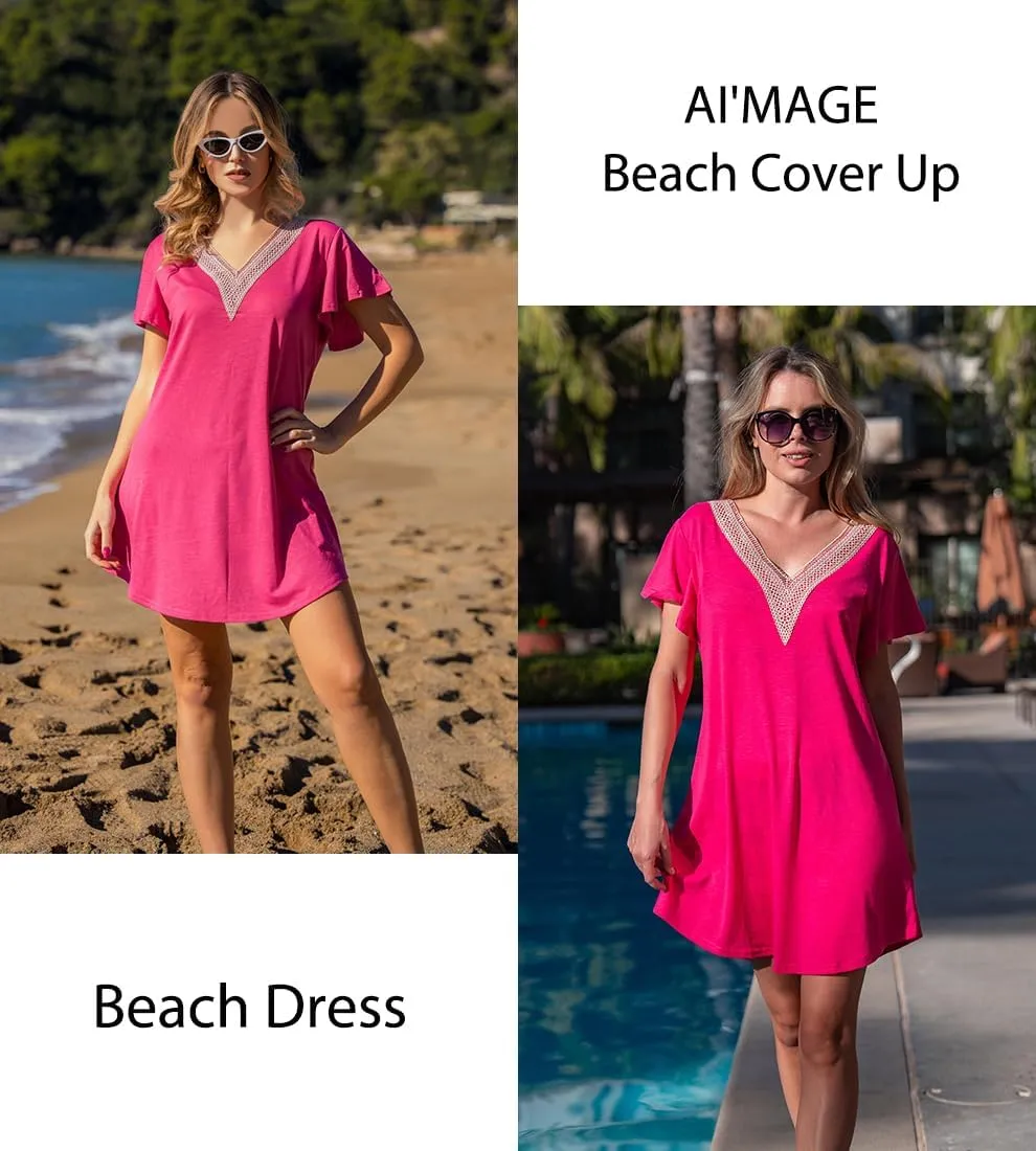 AI'MAGE Women's Swimsuit Coverups Bikini Beach Swimwear Cover Up V Neck Bathing Suit Cover Up Beach Dress