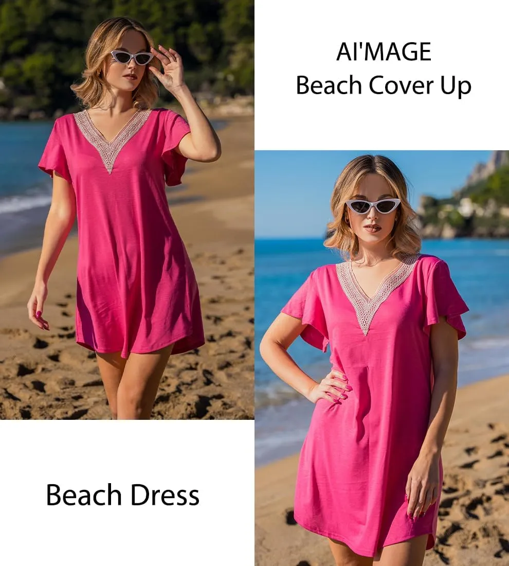 AI'MAGE Women's Swimsuit Coverups Bikini Beach Swimwear Cover Up V Neck Bathing Suit Cover Up Beach Dress