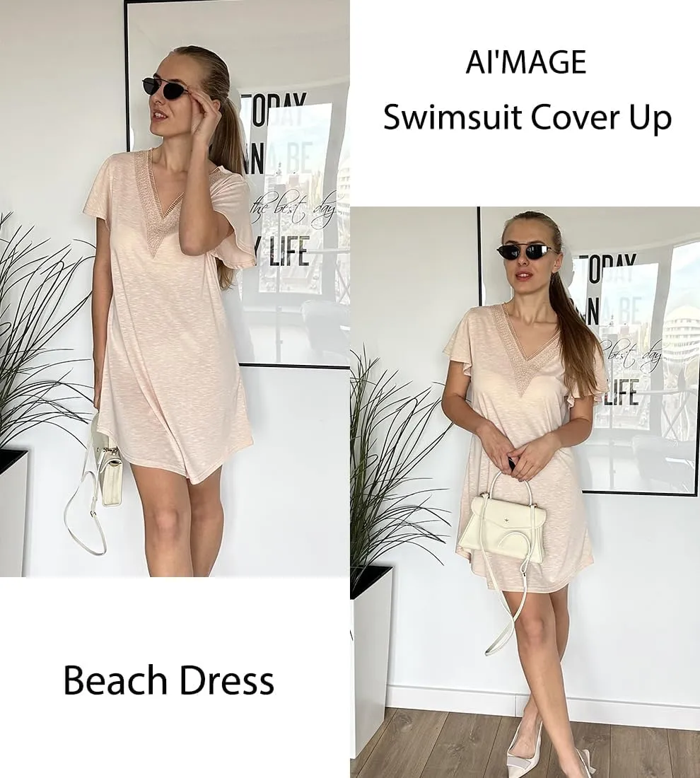 AI'MAGE Women's Swimsuit Coverups Bikini Beach Swimwear Cover Up V Neck Bathing Suit Cover Up Beach Dress