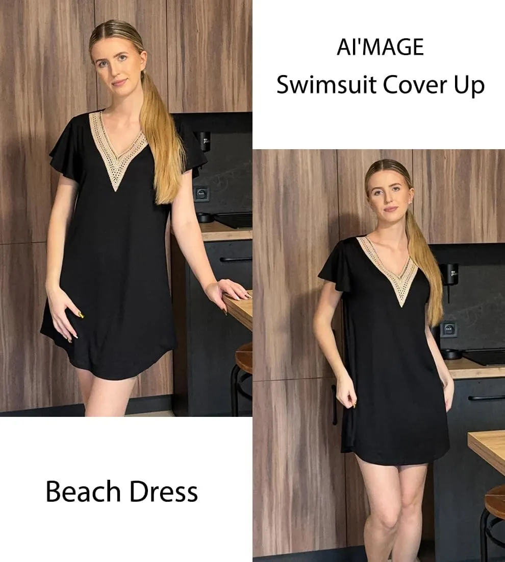 AI'MAGE Women's Swimsuit Coverups Bikini Beach Swimwear Cover Up V Neck Bathing Suit Cover Up Beach Dress