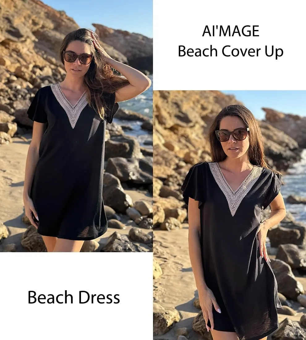 AI'MAGE Women's Swimsuit Coverups Bikini Beach Swimwear Cover Up V Neck Bathing Suit Cover Up Beach Dress
