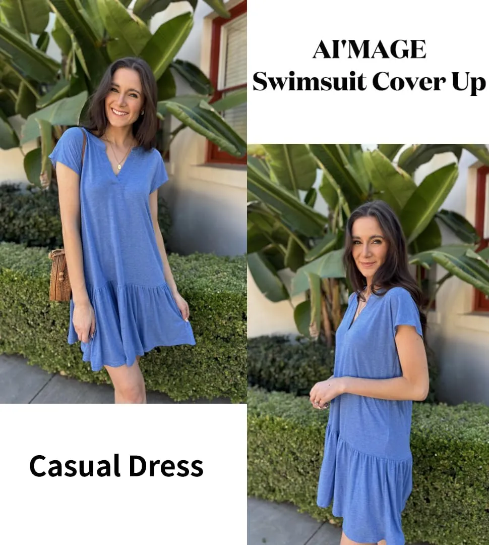 AI'MAGE Womens Swimsuit Coverups Bikini Beach Swimwear Cover Up V Neck Bathing Suit Cover Up Dress A-line Beach Dress