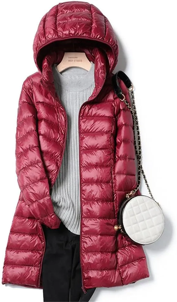 AirPlace Long Lightweight Down Jackets for Women Removable Hood Down Coats Quilted Puffer Jackets Parka Warm Winter Jacket