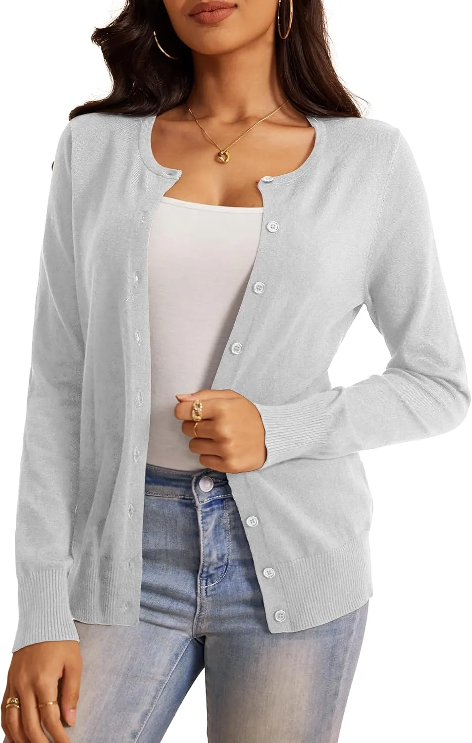 a.Jesdani Women's Button Down Crew Neck Long Sleeve Soft Knit Cardigan Sweaters