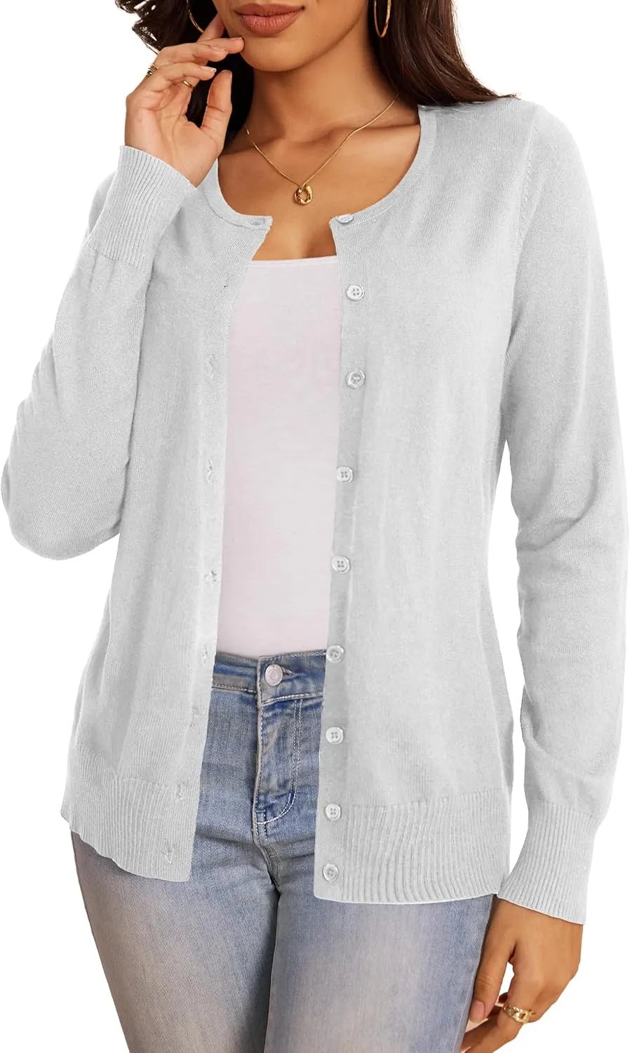 a.Jesdani Women's Button Down Crew Neck Long Sleeve Soft Knit Cardigan Sweaters