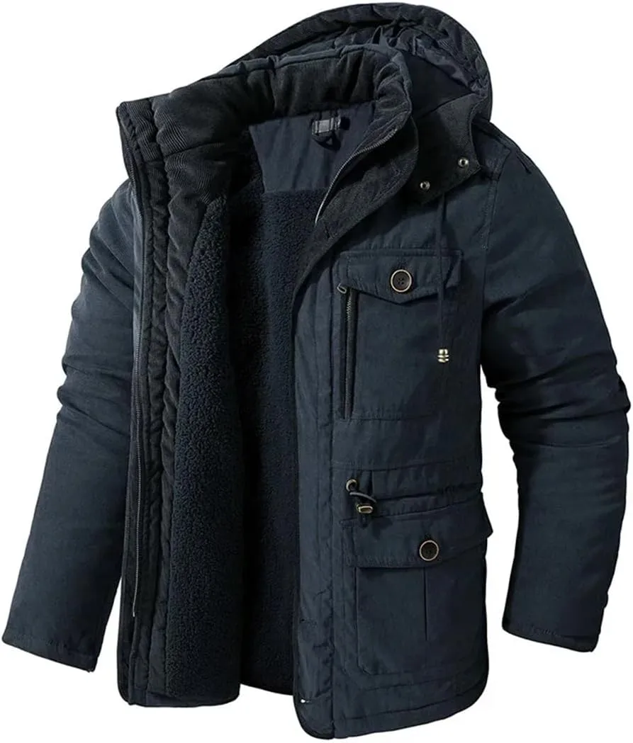 Alloaone Men's Parka Cotton-Padded Windbreaker Warm Hooded Cashmere Outwear Snow Coat Thicken Winter Jacket