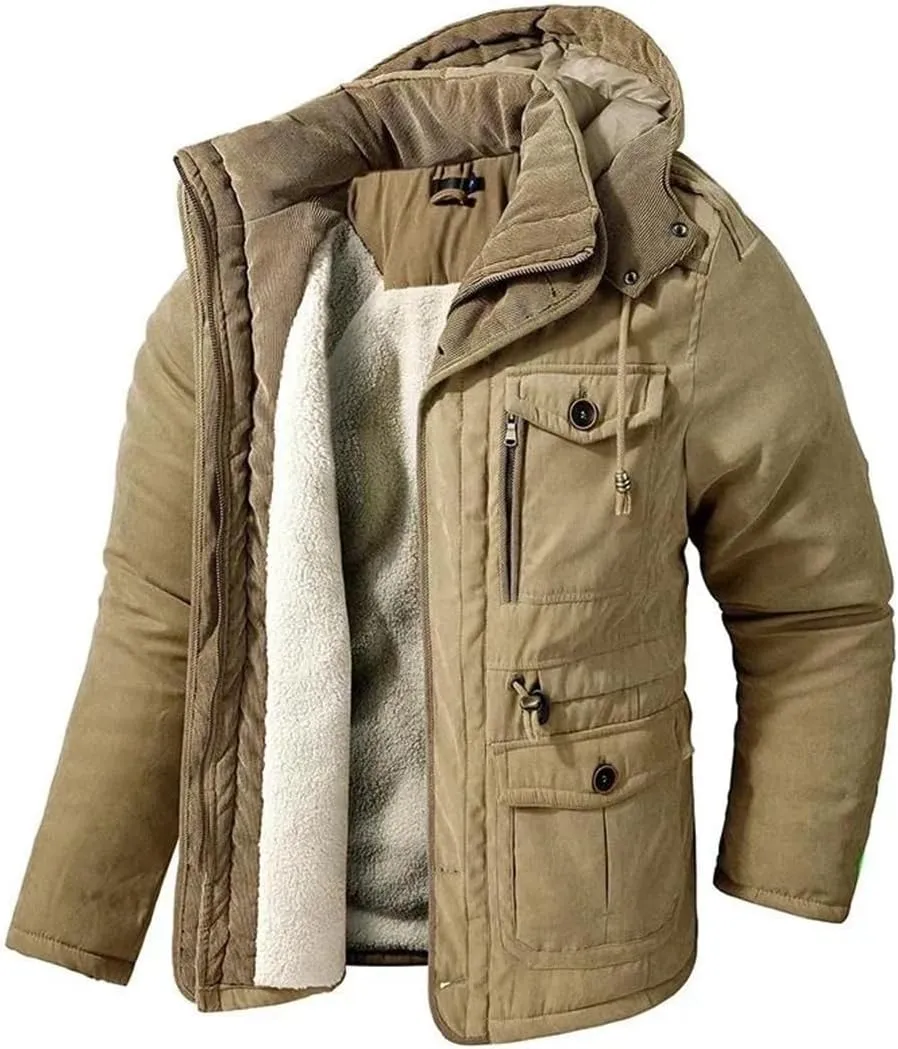 Alloaone Men's Parka Cotton-Padded Windbreaker Warm Hooded Cashmere Outwear Snow Coat Thicken Winter Jacket