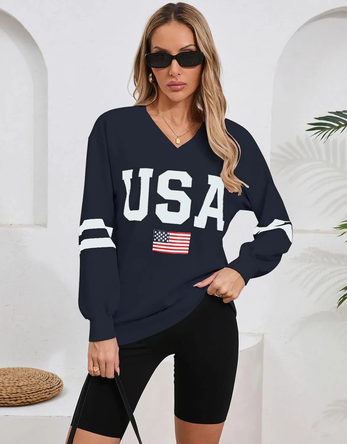 Alsol Lamesa Womens American Flag Sweatshirts Long Sleeve V Neck Loose 4th of July Outfits Flag Tops