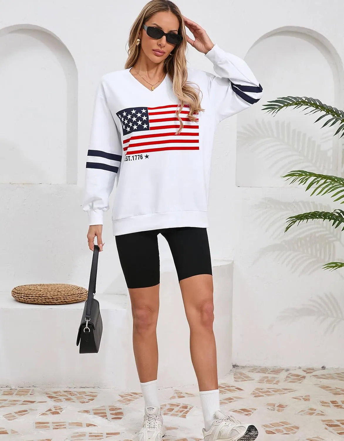 Alsol Lamesa Womens American Flag Sweatshirts Long Sleeve V Neck Loose 4th of July Outfits Flag Tops
