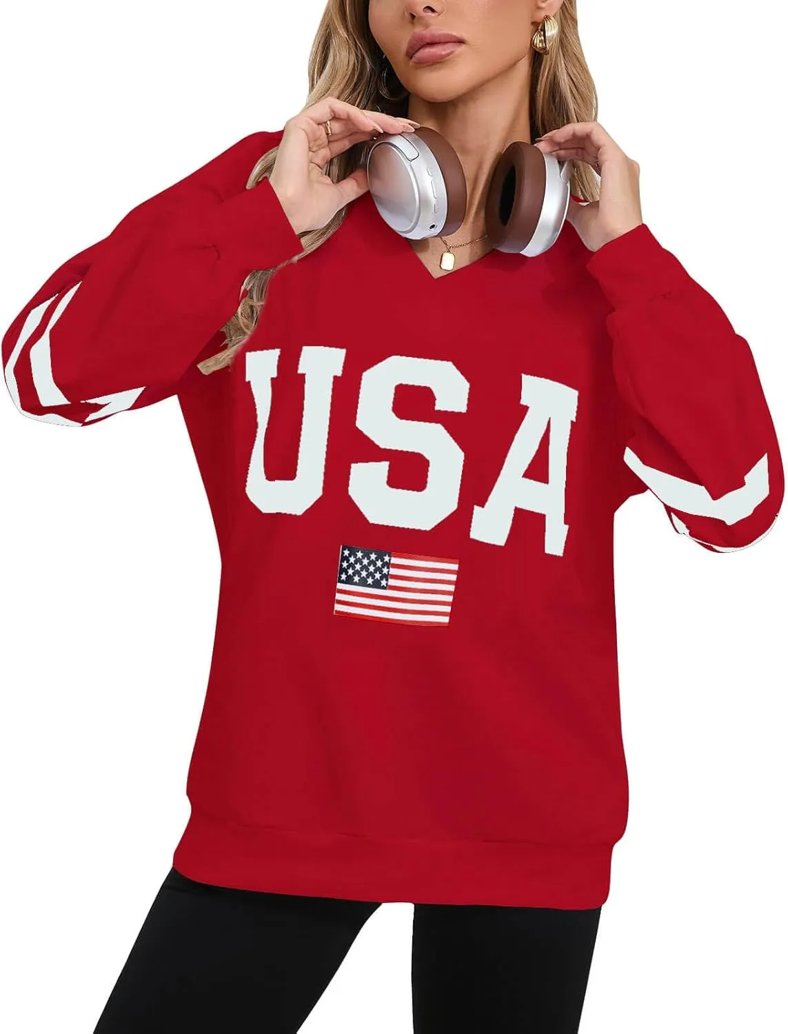 Alsol Lamesa Womens American Flag Sweatshirts Long Sleeve V Neck Loose 4th of July Outfits Flag Tops
