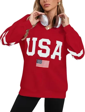 Alsol Lamesa Womens American Flag Sweatshirts Long Sleeve V Neck Loose 4th of July Outfits Flag Tops