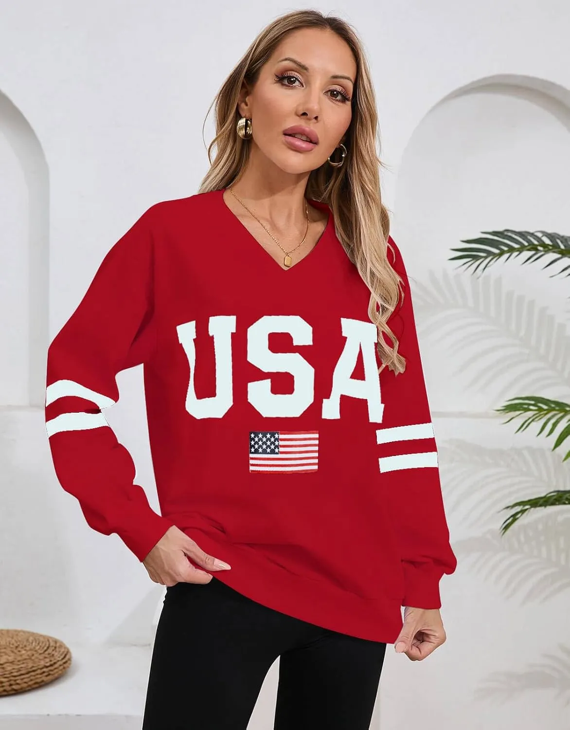 Alsol Lamesa Womens American Flag Sweatshirts Long Sleeve V Neck Loose 4th of July Outfits Flag Tops