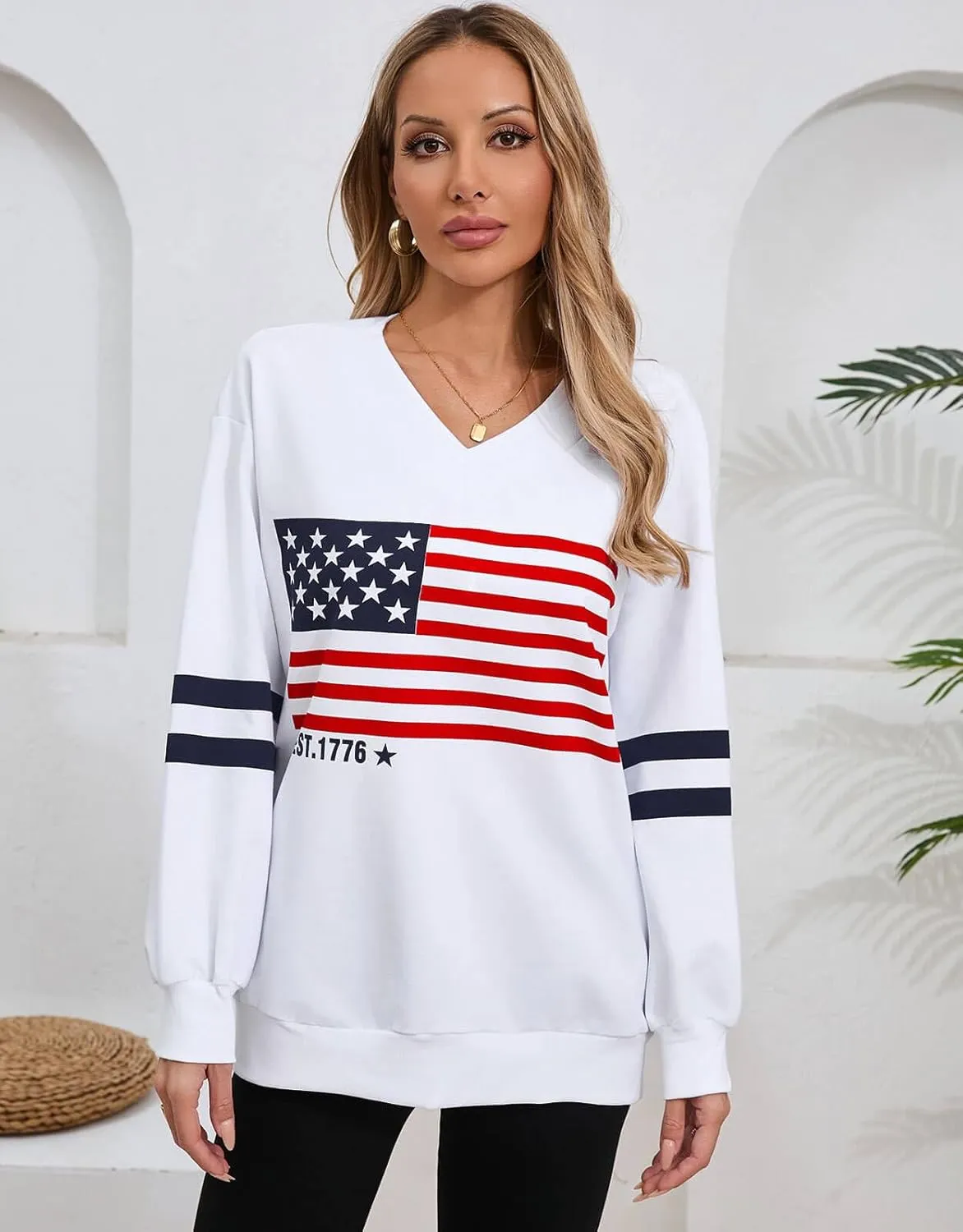 Alsol Lamesa Womens American Flag Sweatshirts Long Sleeve V Neck Loose 4th of July Outfits Flag Tops