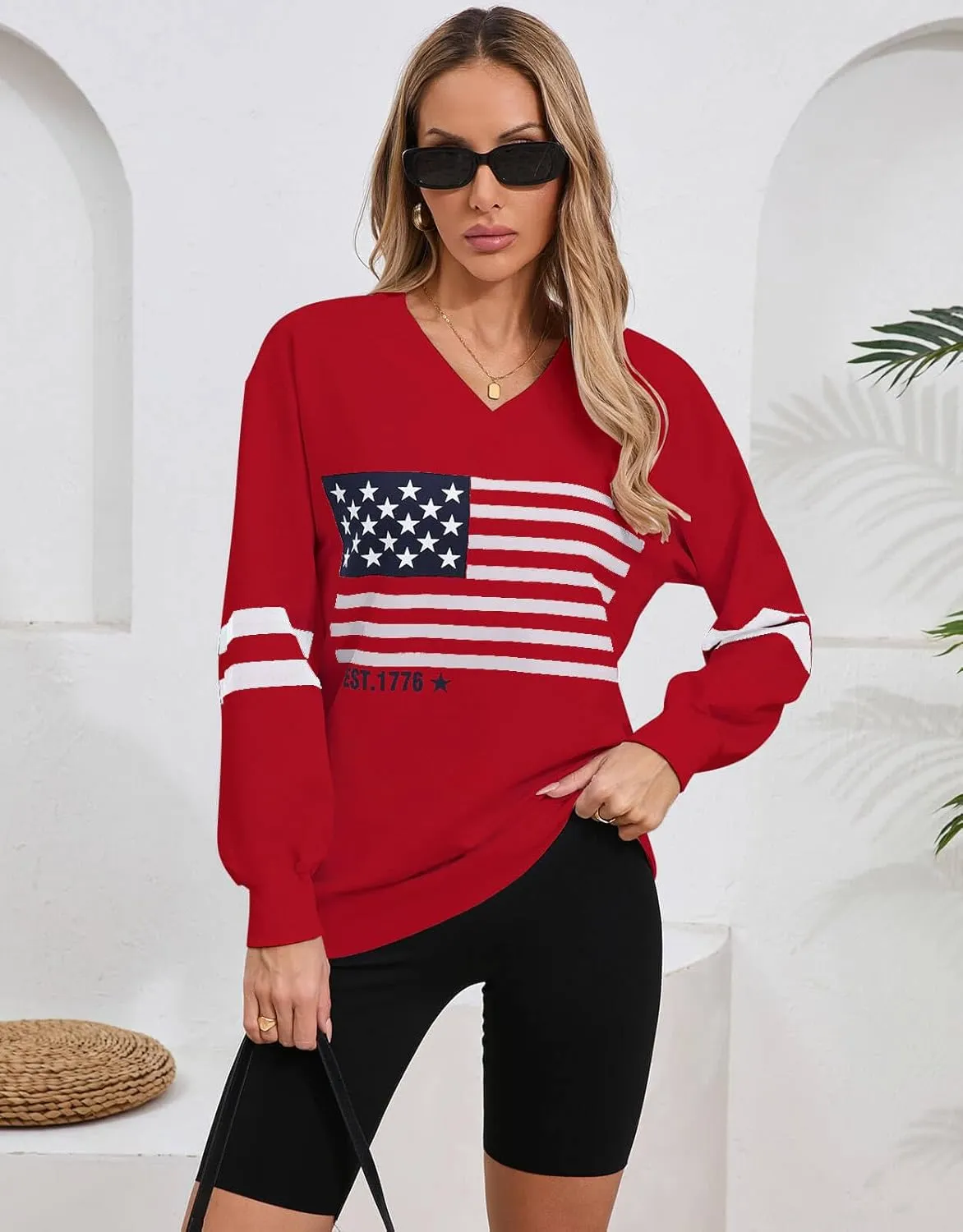 Alsol Lamesa Womens American Flag Sweatshirts Long Sleeve V Neck Loose 4th of July Outfits Flag Tops