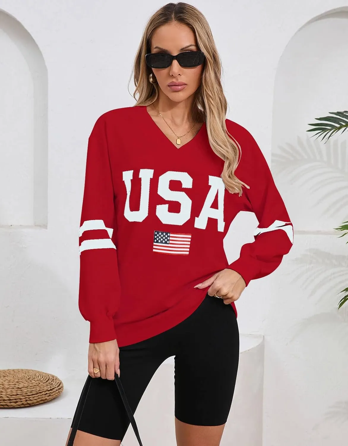 Alsol Lamesa Womens American Flag Sweatshirts Long Sleeve V Neck Loose 4th of July Outfits Flag Tops