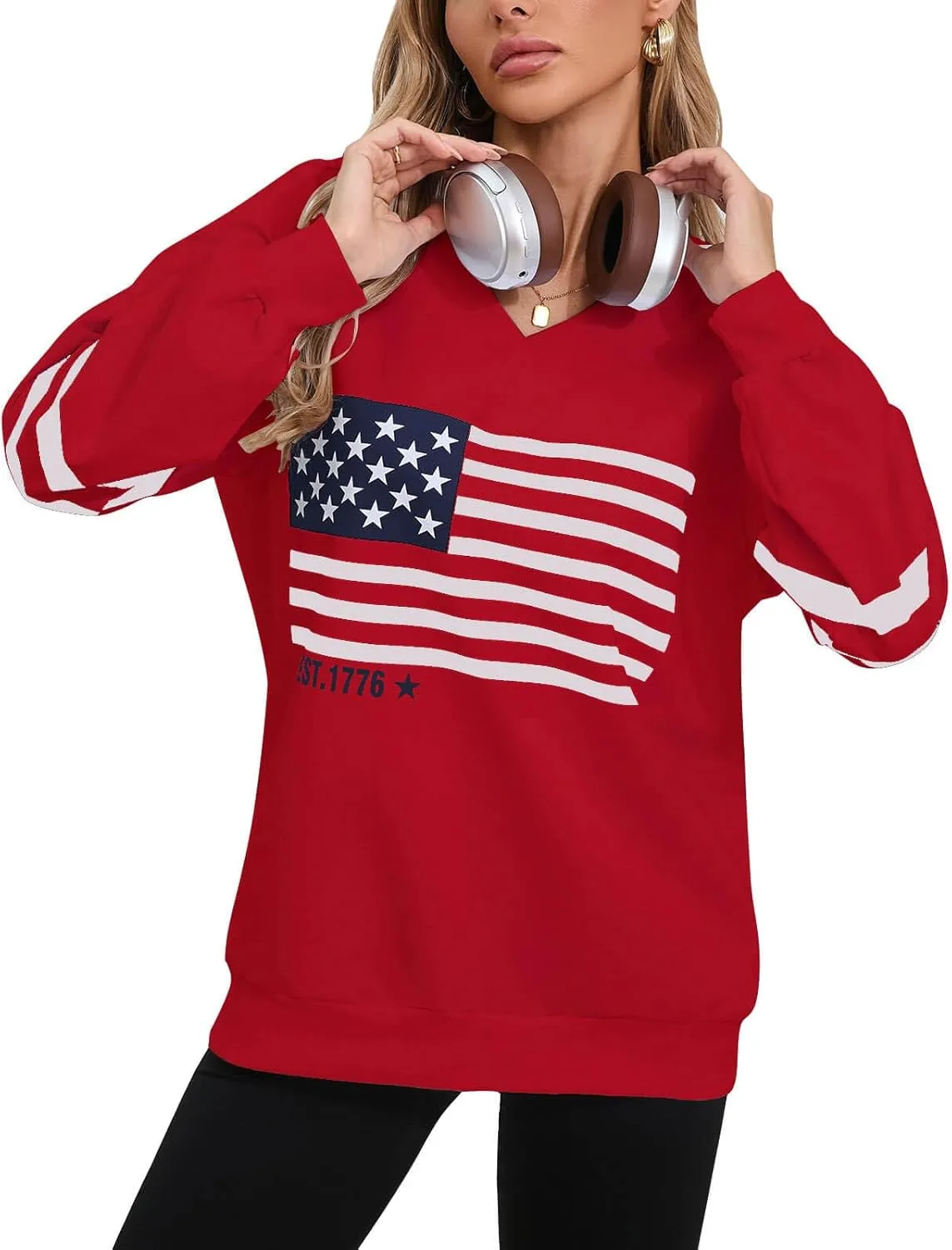 Alsol Lamesa Womens American Flag Sweatshirts Long Sleeve V Neck Loose 4th of July Outfits Flag Tops