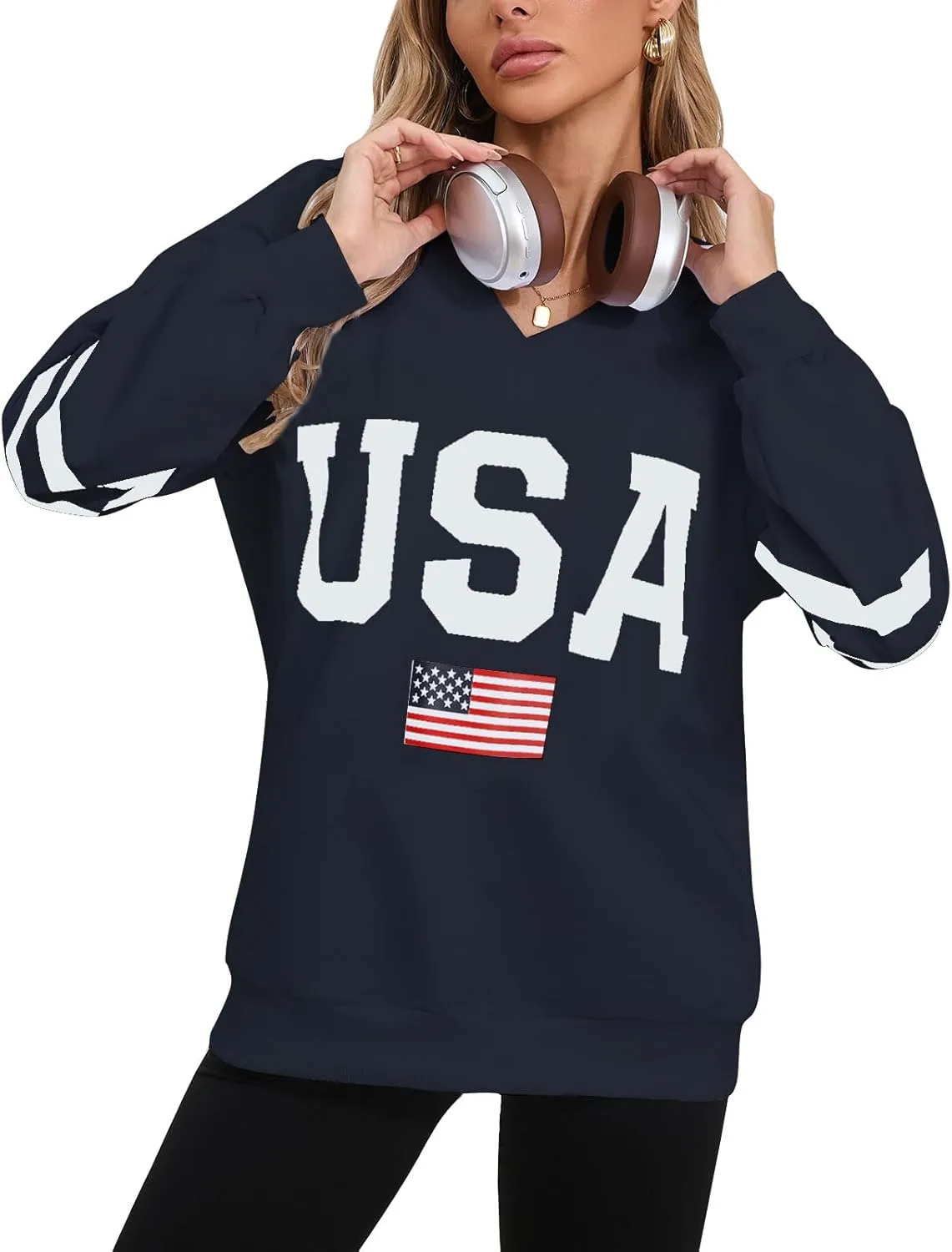 Alsol Lamesa Womens American Flag Sweatshirts Long Sleeve V Neck Loose 4th of July Outfits Flag Tops