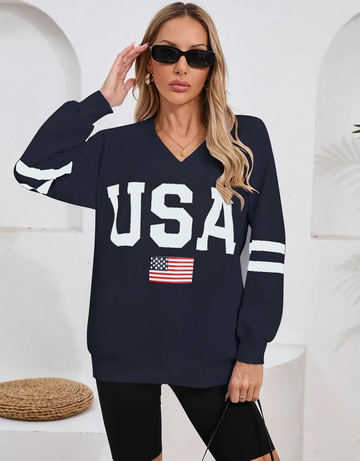 Alsol Lamesa Womens American Flag Sweatshirts Long Sleeve V Neck Loose 4th of July Outfits Flag Tops