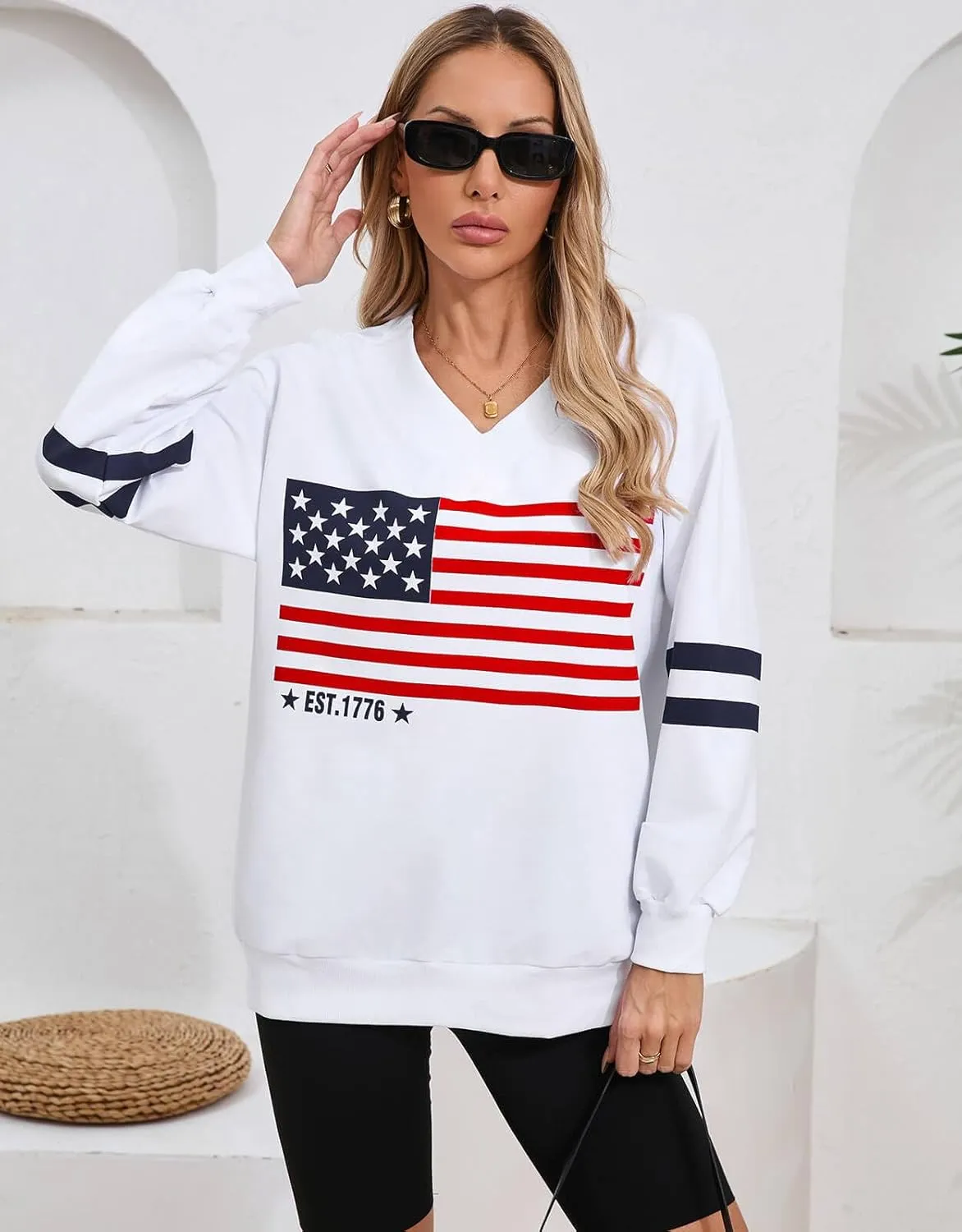 Alsol Lamesa Womens American Flag Sweatshirts Long Sleeve V Neck Loose 4th of July Outfits Flag Tops