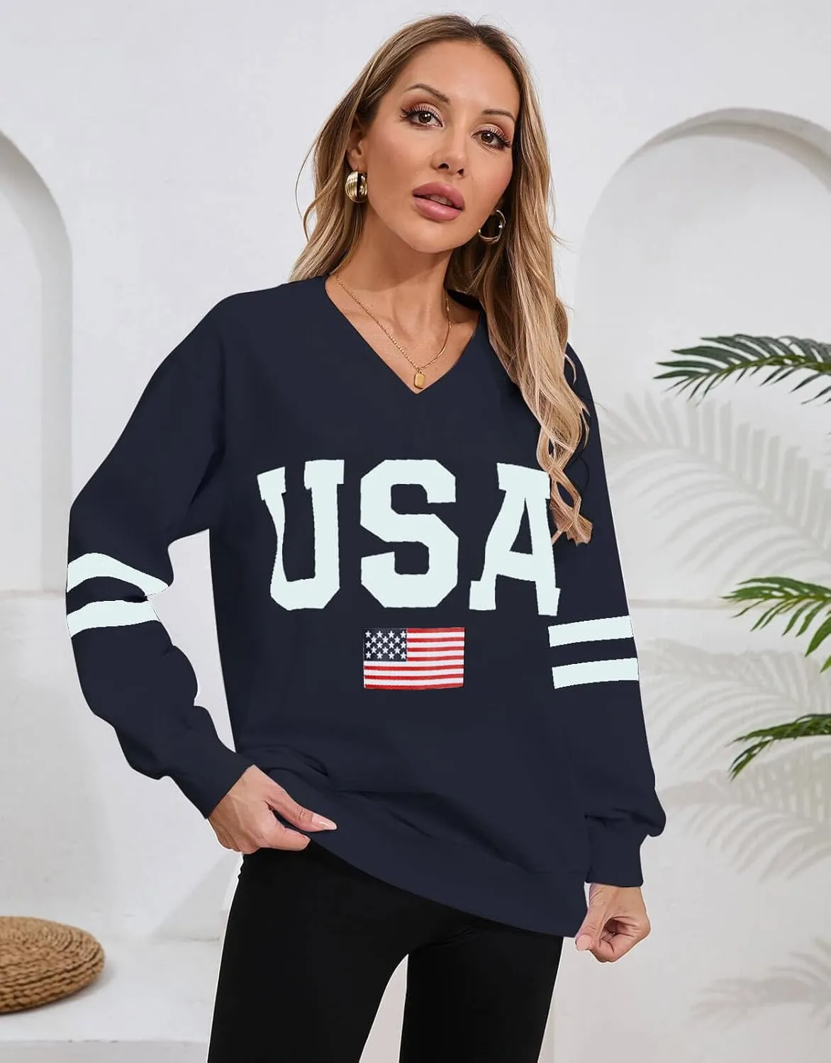 Alsol Lamesa Womens American Flag Sweatshirts Long Sleeve V Neck Loose 4th of July Outfits Flag Tops