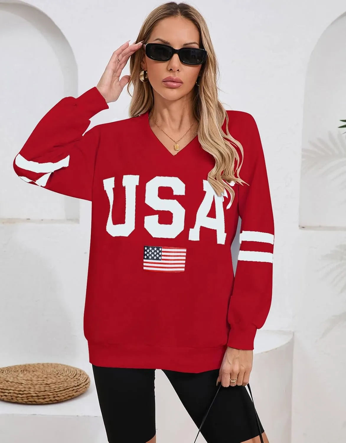 Alsol Lamesa Womens American Flag Sweatshirts Long Sleeve V Neck Loose 4th of July Outfits Flag Tops