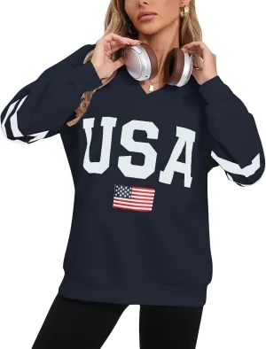 Alsol Lamesa Womens American Flag Sweatshirts Long Sleeve V Neck Loose 4th of July Outfits Flag Tops