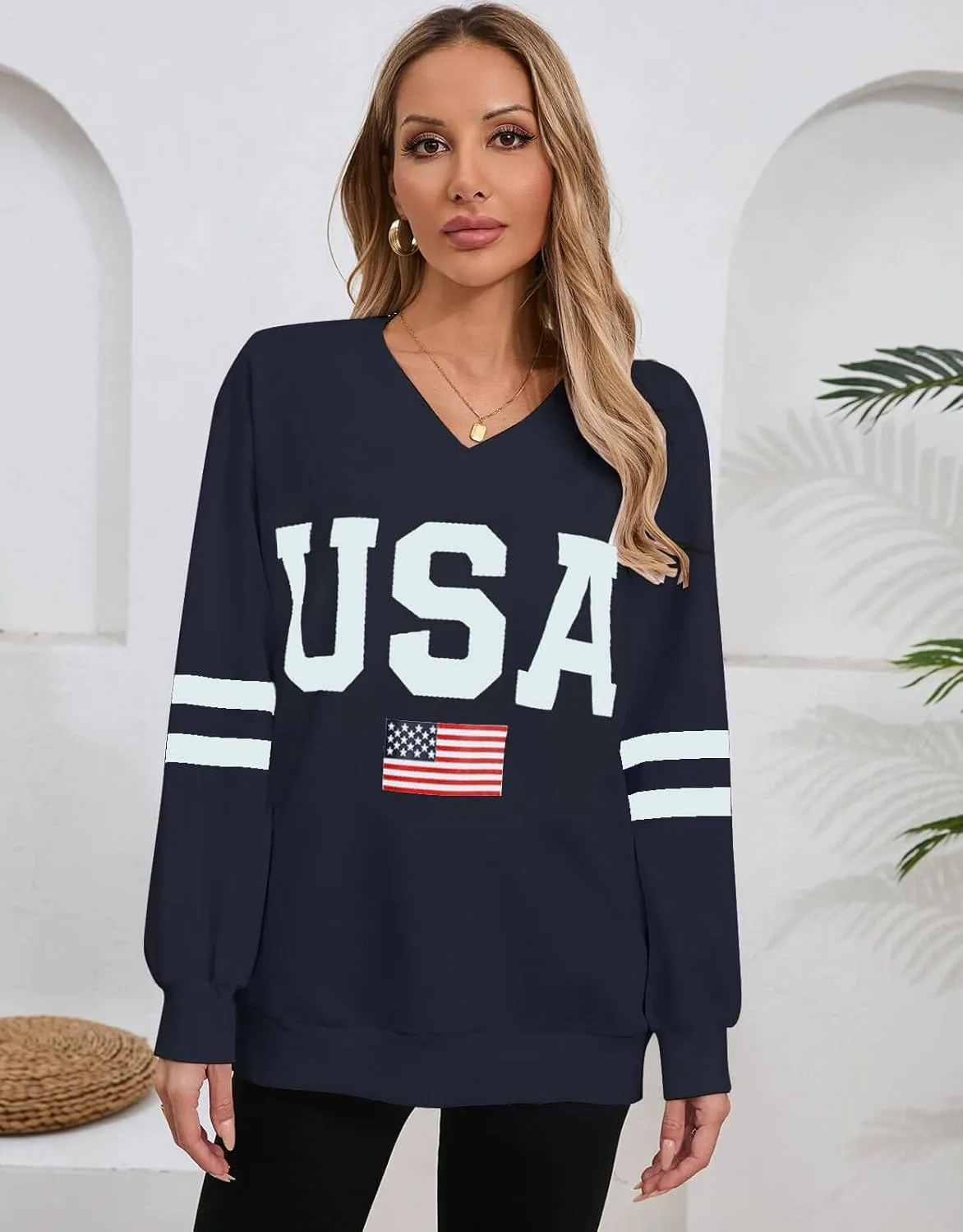 Alsol Lamesa Womens American Flag Sweatshirts Long Sleeve V Neck Loose 4th of July Outfits Flag Tops