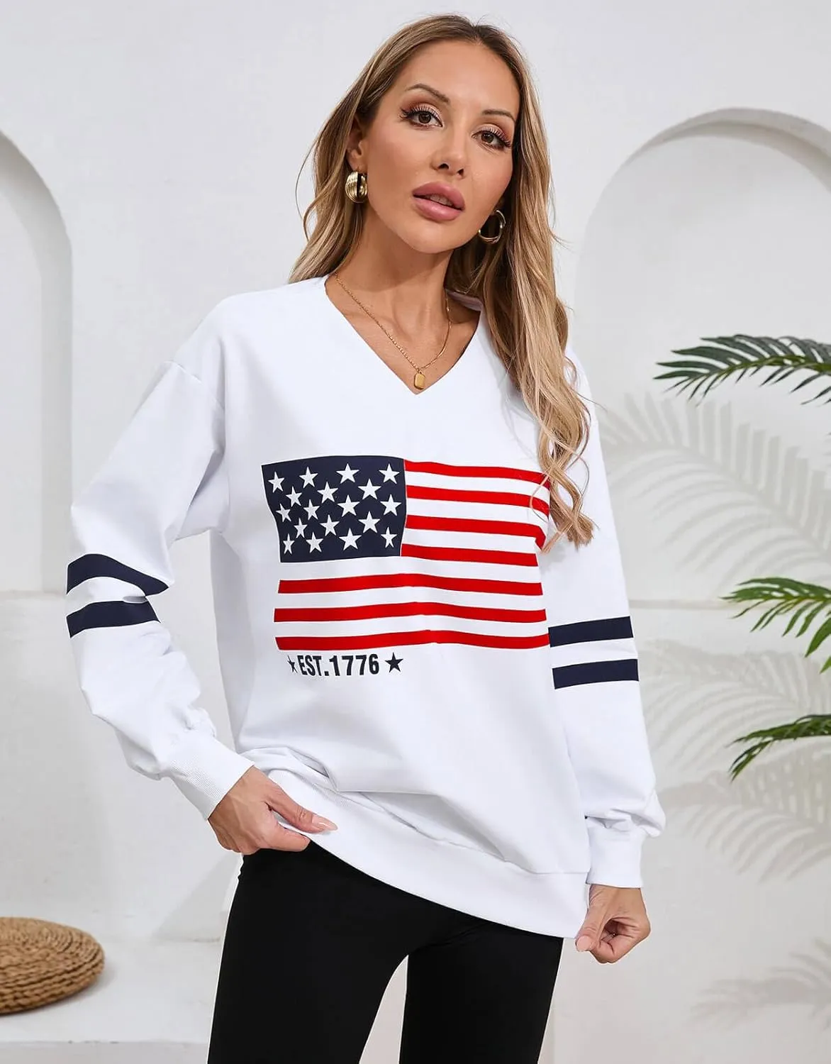 Alsol Lamesa Womens American Flag Sweatshirts Long Sleeve V Neck Loose 4th of July Outfits Flag Tops