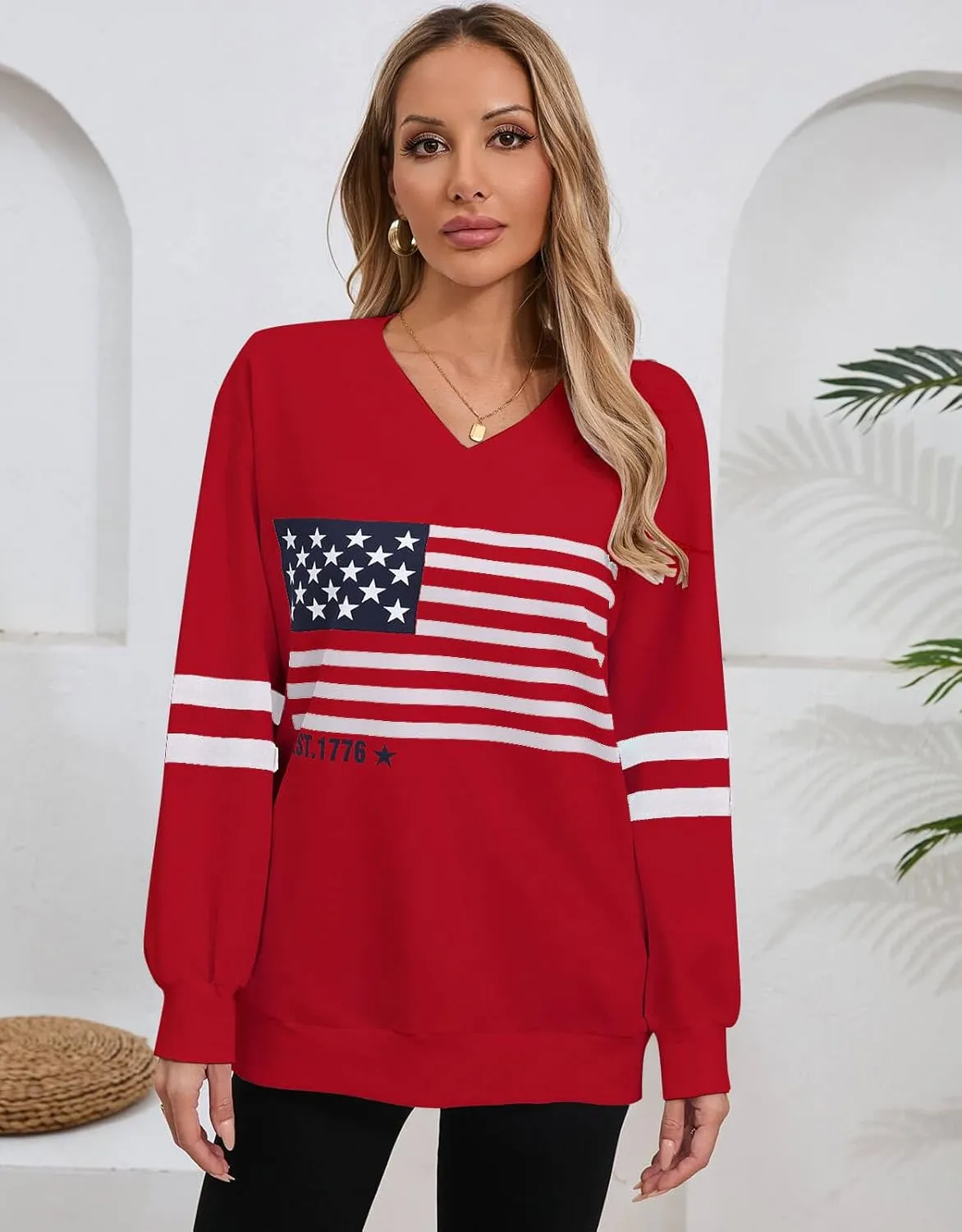 Alsol Lamesa Womens American Flag Sweatshirts Long Sleeve V Neck Loose 4th of July Outfits Flag Tops