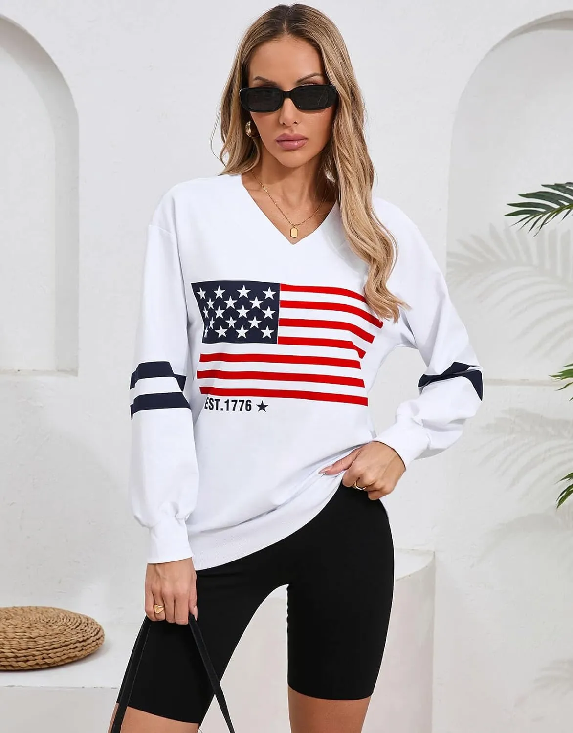 Alsol Lamesa Womens American Flag Sweatshirts Long Sleeve V Neck Loose 4th of July Outfits Flag Tops