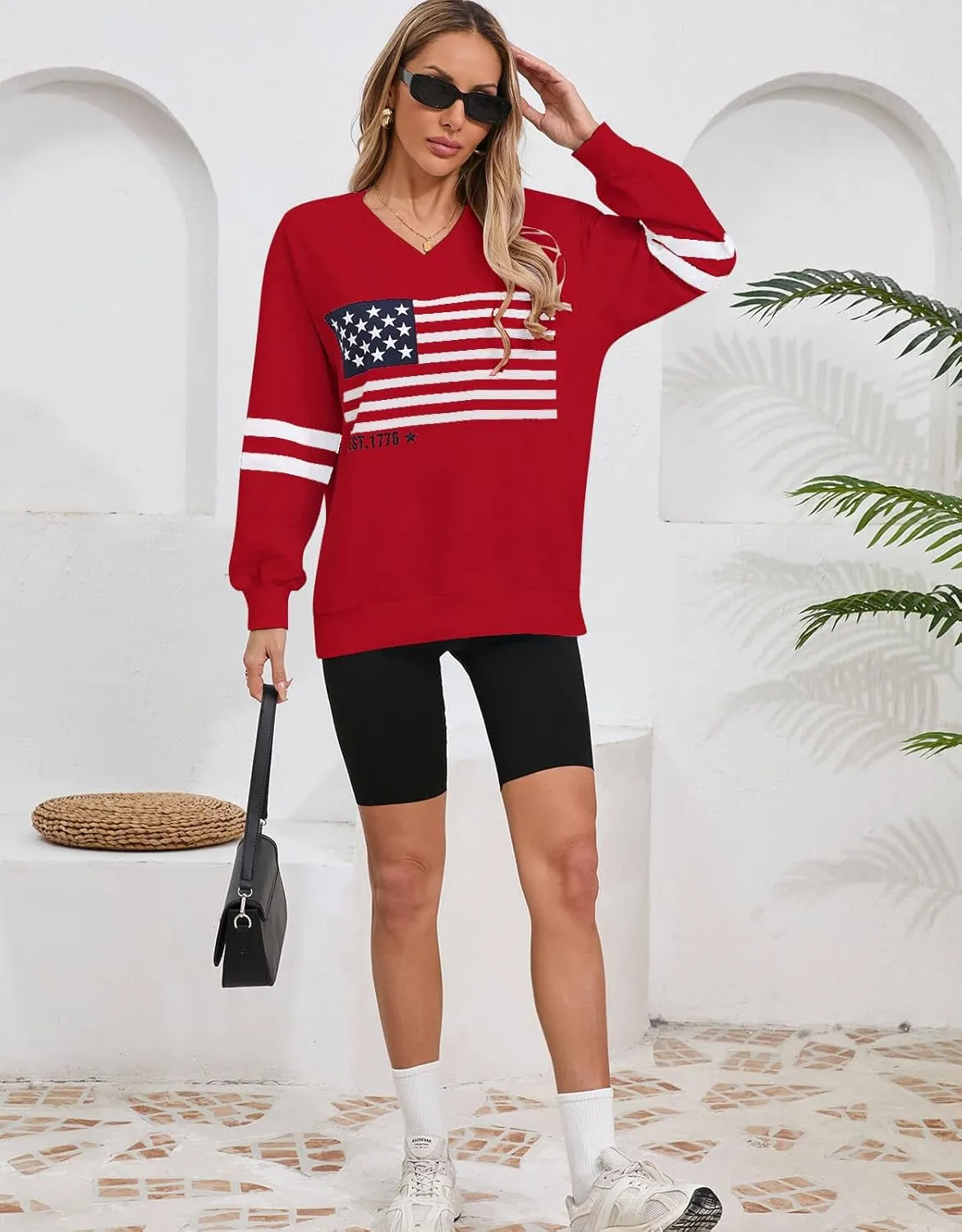 Alsol Lamesa Womens American Flag Sweatshirts Long Sleeve V Neck Loose 4th of July Outfits Flag Tops