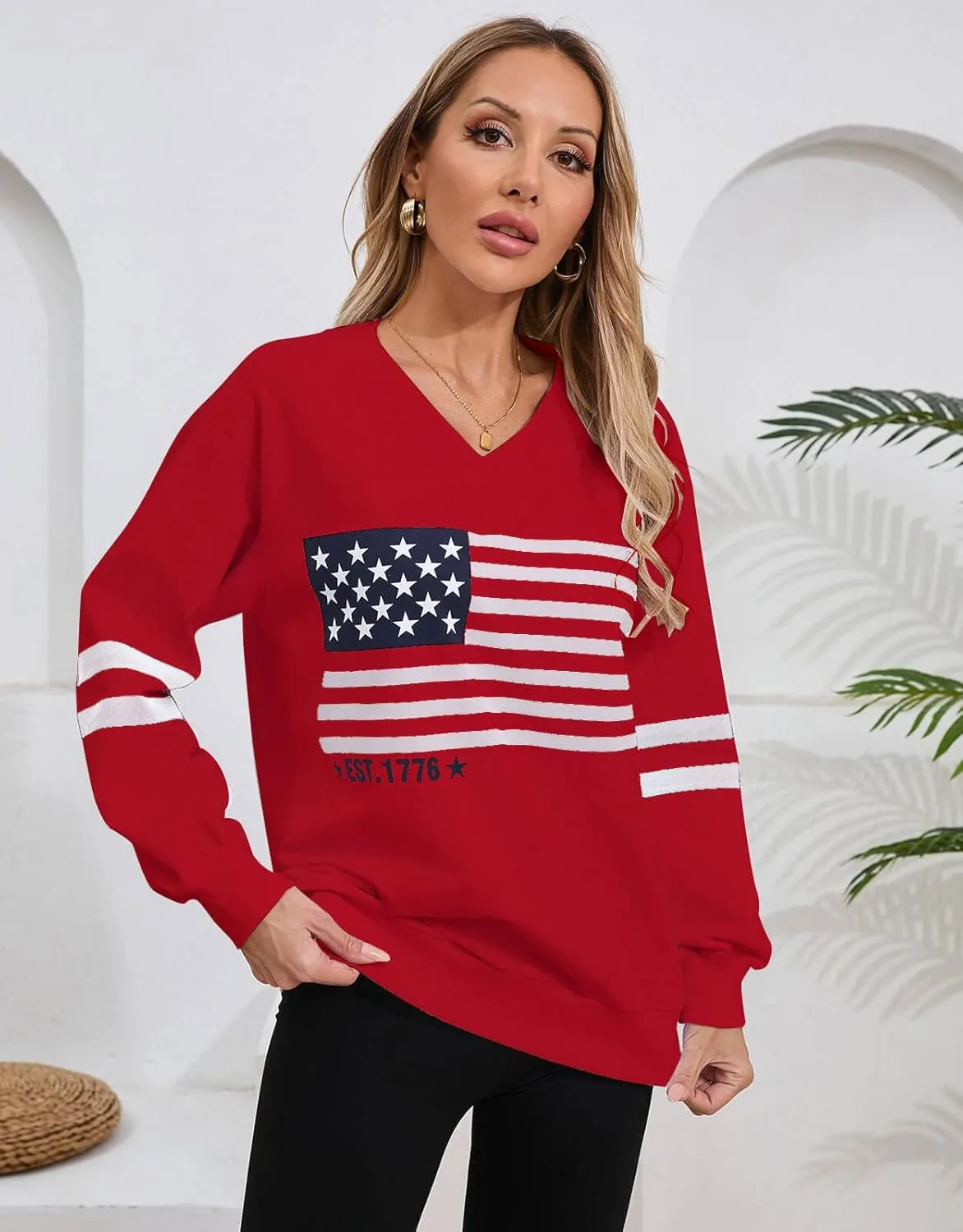 Alsol Lamesa Womens American Flag Sweatshirts Long Sleeve V Neck Loose 4th of July Outfits Flag Tops