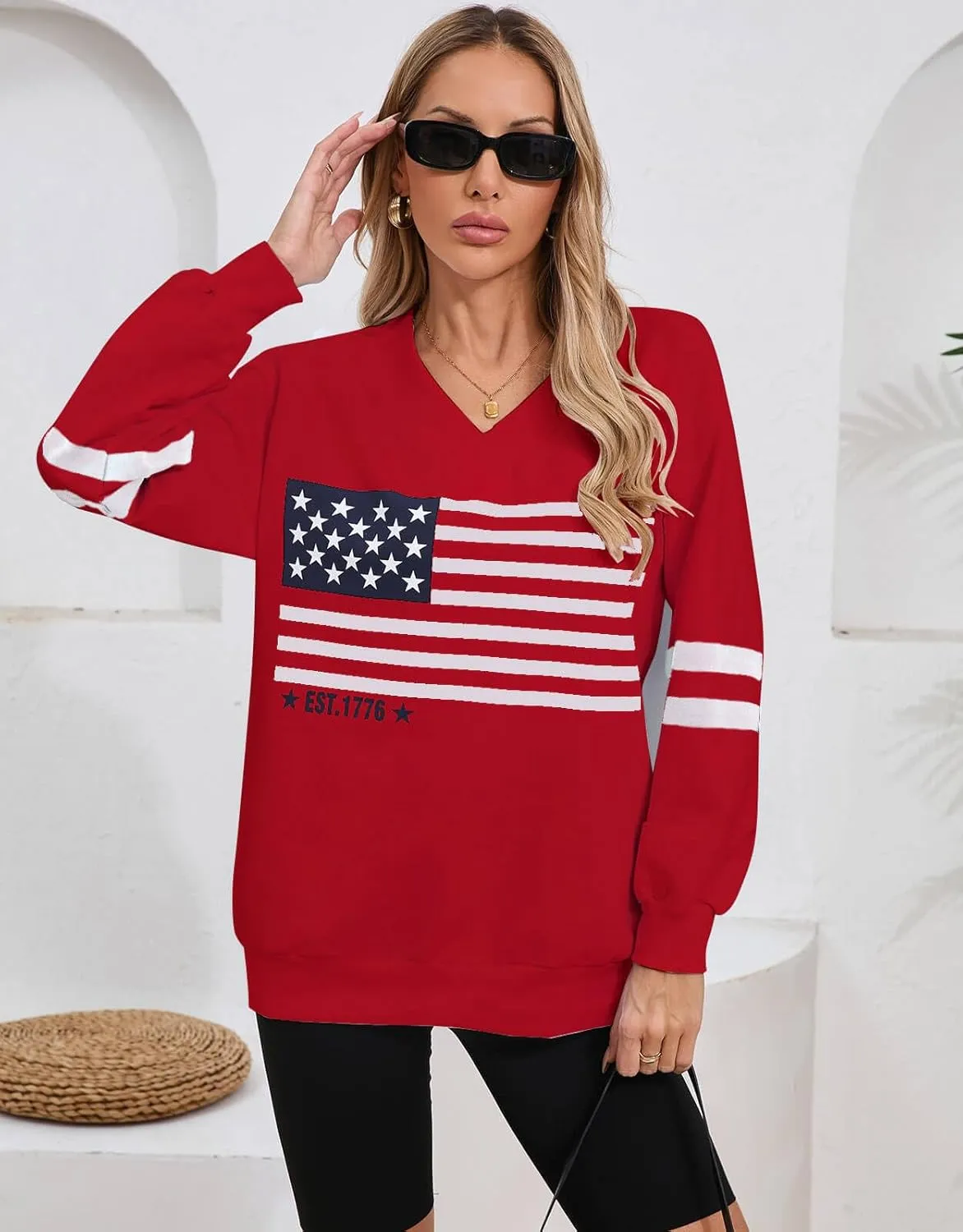Alsol Lamesa Womens American Flag Sweatshirts Long Sleeve V Neck Loose 4th of July Outfits Flag Tops