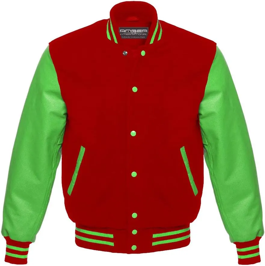 AMBER American Letterman Jacket Varsity Jacket School Jacket Baseball Jacket Black Wool & Green Leather Sleeves