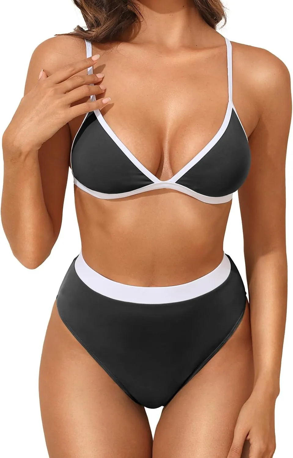Aqua Eve Triangle High Waisted Bikini Set for Women Two Piece Bathing Suits Color Block Swimsuits