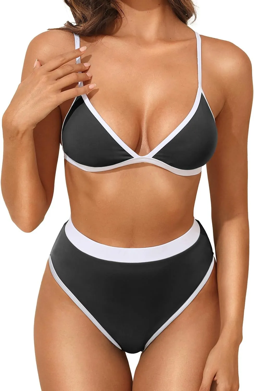 Aqua Eve Triangle High Waisted Bikini Set for Women Two Piece Bathing Suits Color Block Swimsuits