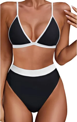 Aqua Eve Triangle High Waisted Bikini Set for Women Two Piece Bathing Suits Color Block Swimsuits