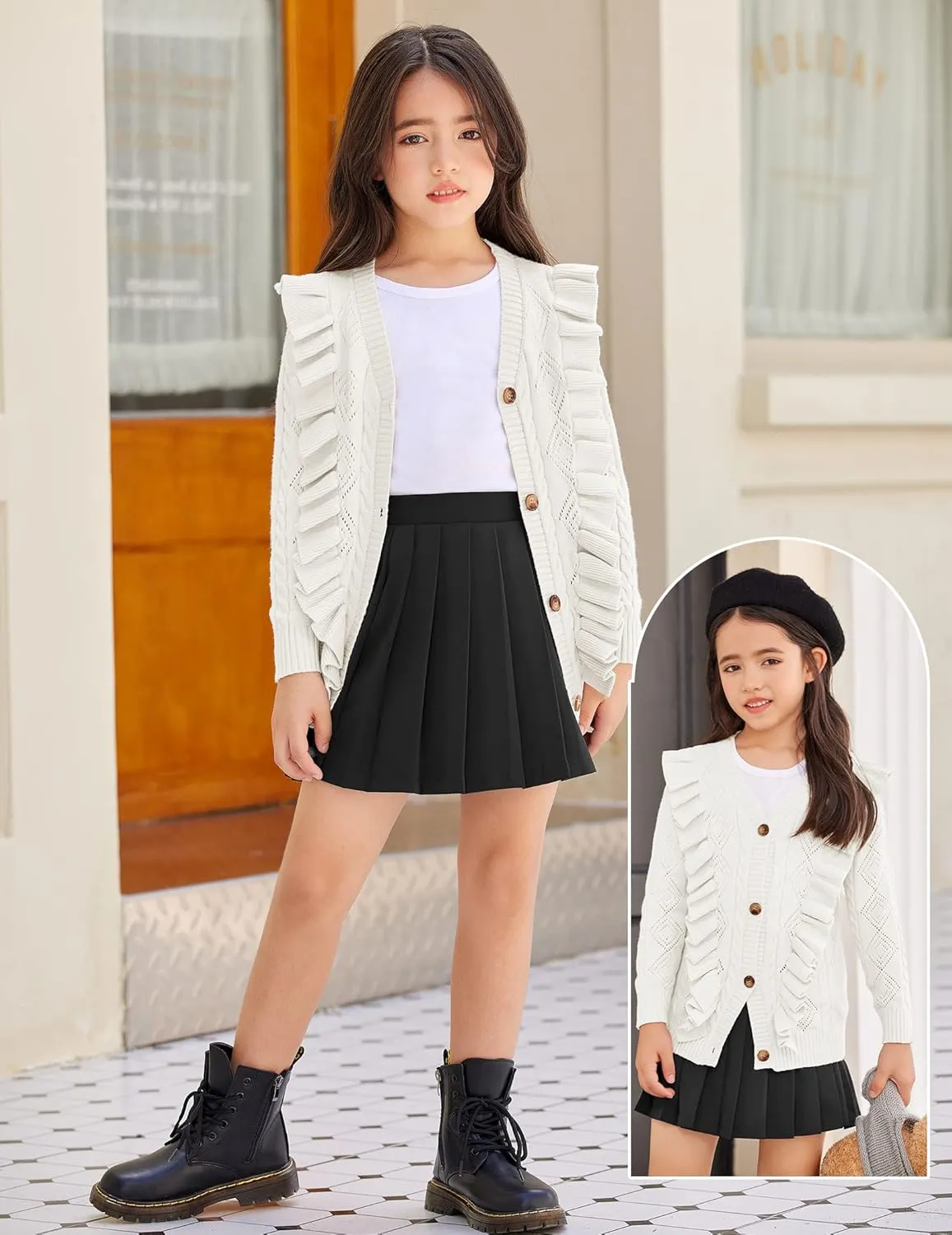 Arshiner Girls Cardigan Sweaters Ruffle School Uniform Sweater V Neck Button Front Outerwear 4-13 Years