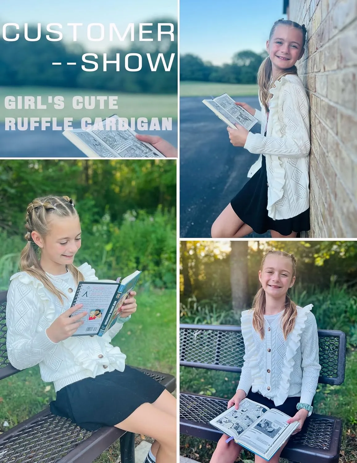 Arshiner Girls Cardigan Sweaters Ruffle School Uniform Sweater V Neck Button Front Outerwear 4-13 Years