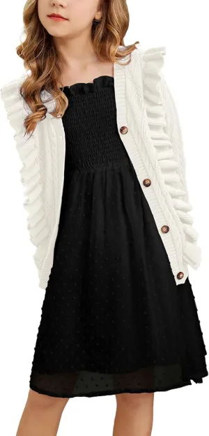Arshiner Girls Cardigan Sweaters Ruffle School Uniform Sweater V Neck Button Front Outerwear 4-13 Years