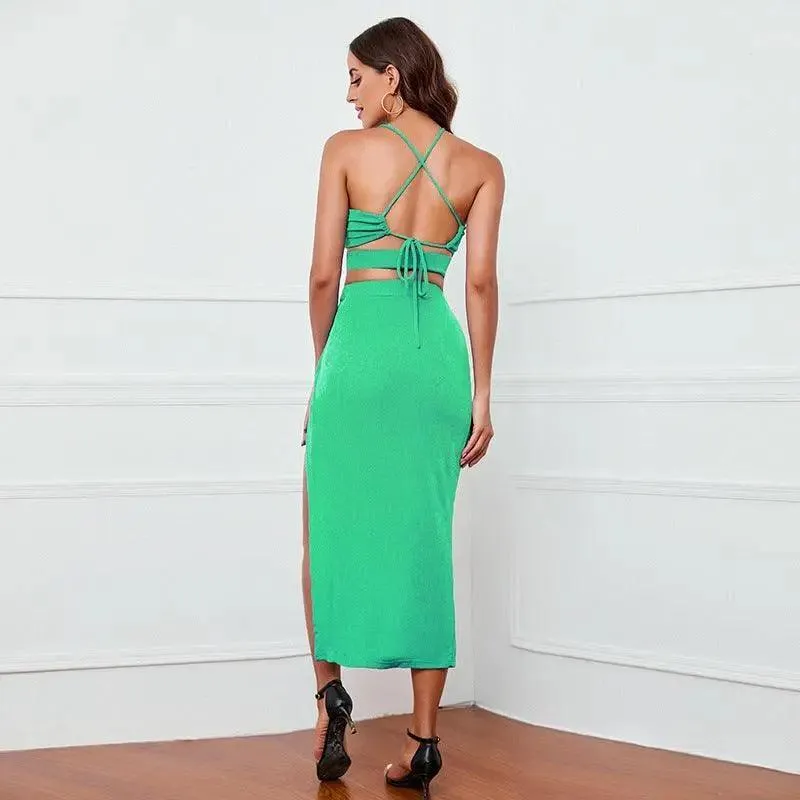 Backless Lace Up Split Dress Suit
