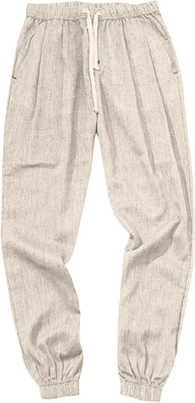 Baggy Linen Pants Men Lightweight Drawstring Casual Harem Pants Comfy Plus Size Cinch Bottom Lounge Pants with Pocket