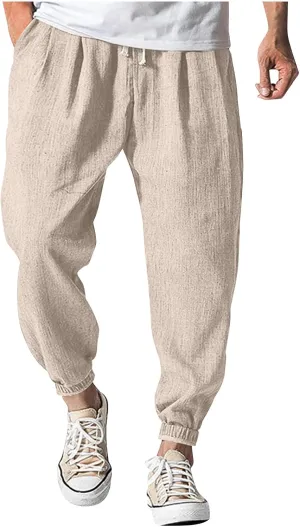 Baggy Linen Pants Men Lightweight Drawstring Casual Harem Pants Comfy Plus Size Cinch Bottom Lounge Pants with Pocket